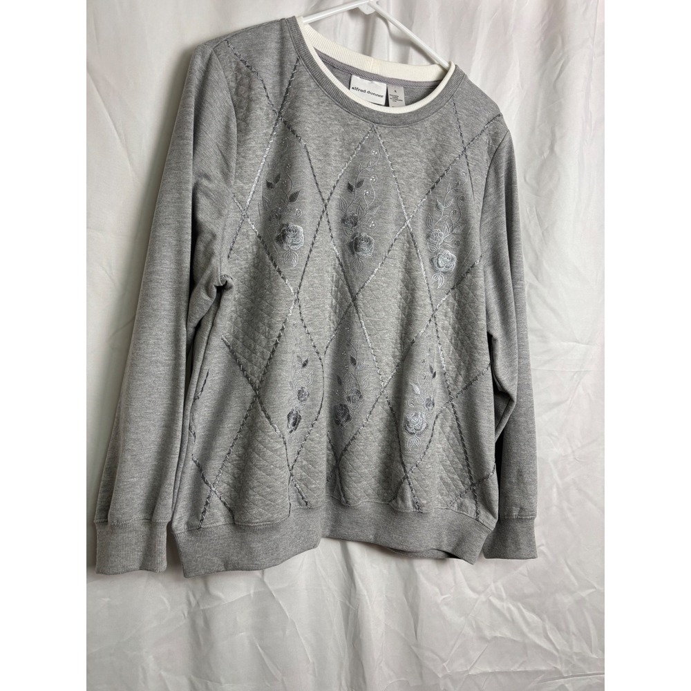 Alfred Dunner Gray Embroidered Floral Argyle Sweatshirt XL Rhinestone Quilted